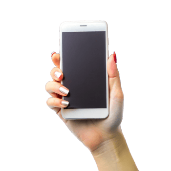 Woman hand holding smartphone with blank black screen, Mobile phone screen mockup isolated on transparent background png