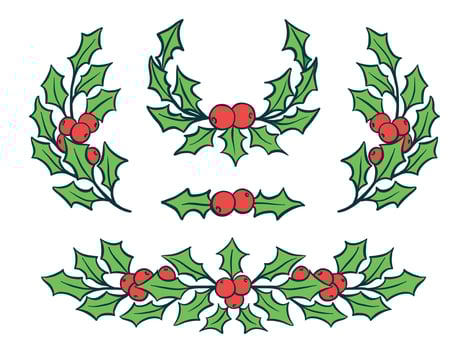 Christmas Holly Leaves and Berries Garland Set for Greeting Card, Invitation, Winter Holiday Designs. Illustration vector