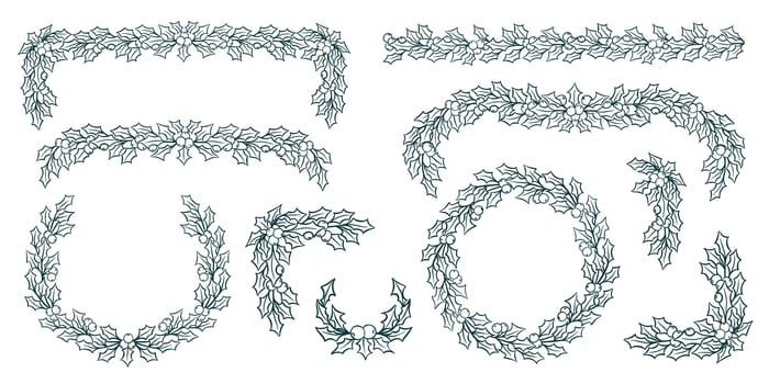 Christmas Holly Garland Set with Leaves and Berries for Greeting Card, Invitation Design. Graphic Design vector