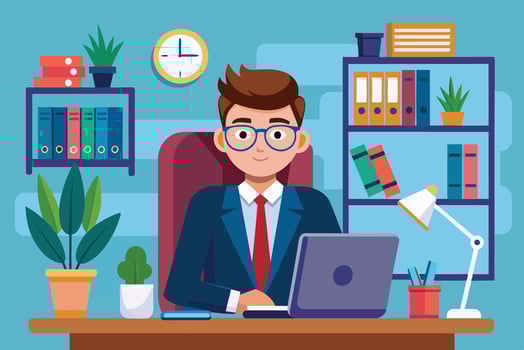 A young professional working at his desk in a well-organized office filled with plants and bookshelves during a sunny afternoon vector