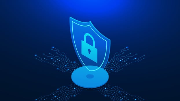 Cyber security concept with shield, padlock and electronic board isometric. Personal data protection, antivirus, safety internet vector