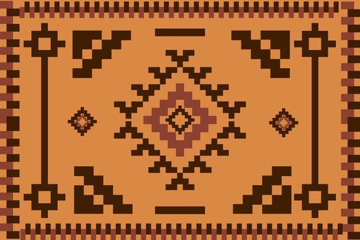 Pixelated Southwestern Rug Design Tan Background with Brown Geometric Patterns and Central Diamond Motif vector