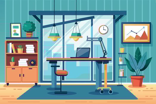 Modern home office interior design with a desk, plants, and large windows in a bright, urban environment on a sunny day vector