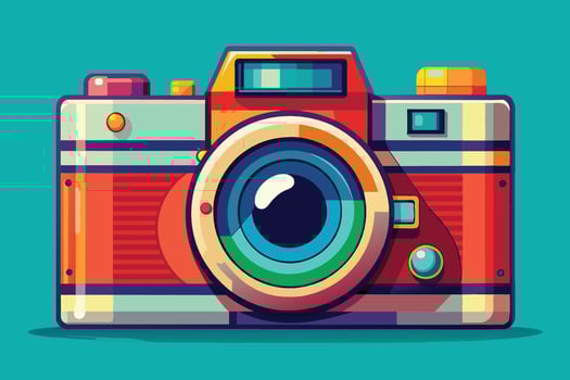 Colorful retro-style camera illustration featuring vibrant design elements against a turquoise background vector