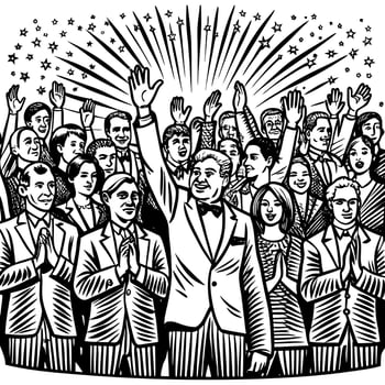 Cheerful crowd of people cheering applause silhouette. Party disco concert sport silhouette. Fan happy people silhouette. vector