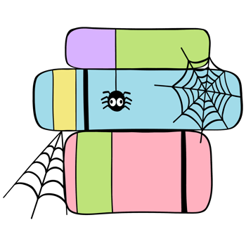 Colorful Halloween school supplies in a old book stack with a flat cartoon doodle design, set in funky classrooms for students png