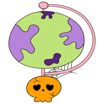 Colorful Halloween school supplies in a globe with a flat cartoon doodle design, set in funky classrooms for students png