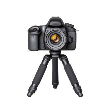 Professional DSLR camera mounted on a sturdy tripod with a transparent background for photography enthusiasts and experts png