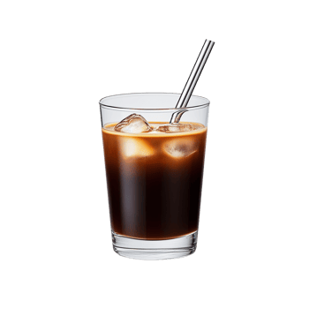 Refreshing iced coffee with metal straw photographed on transparent background in a clear glass featuring ice cubes and rich dark color png