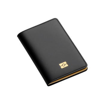 Elegant black leather wallet with golden logo on transparent background perfect for business and travel essentials png