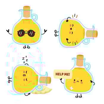 Funny Olive oil characters bundle set. hand drawn doodle style cartoon character illustration icon design. Cute Olive oil mascot character collection vector