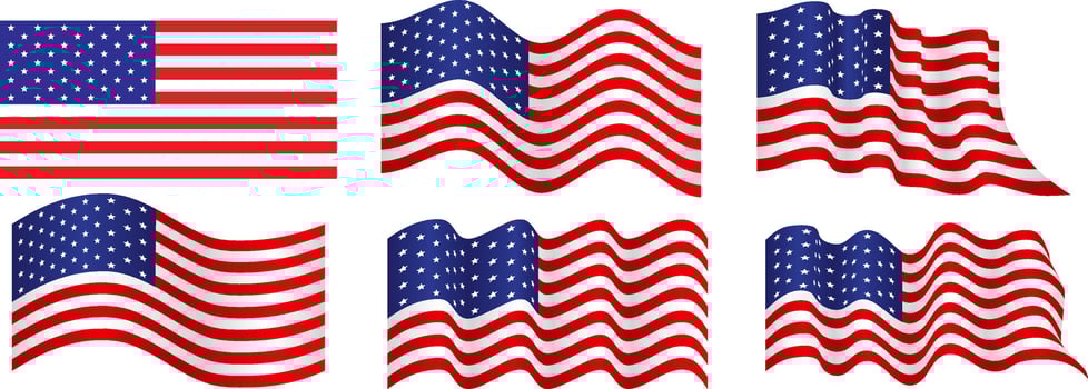 united state flag with different wave styles set template in red, blue and white vector