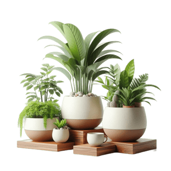 Trio of Potted Plants on Wooden Stands png