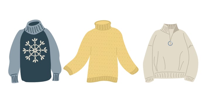 Warm cozy sweaters set. Cartoon cute wool jumper. Knitted tacky winter sweater pullover. December clothes isolated icon collection. vector