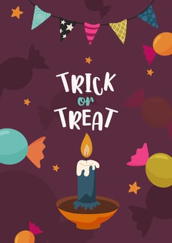 Trick or treat halloween card. Illustration of garland, candies and candle. Cartoon style vector