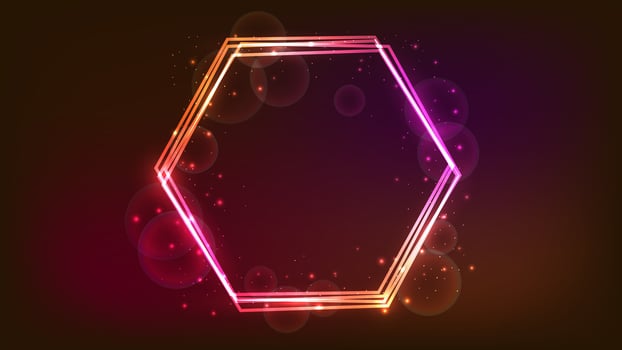 Neon hexagon frame with shining effects and sparkles vector