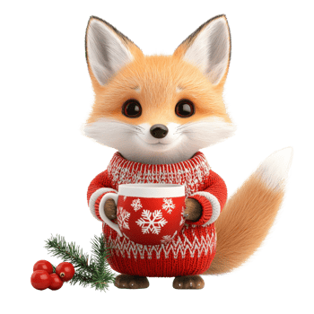 Cute fox in a festive sweater holding a warm drink. png