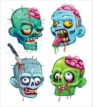 Set of zombie heads with exposed brains and gruesome details. Cartoon illustration vector