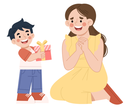 Illustration of a boy giving a gift to his mother png