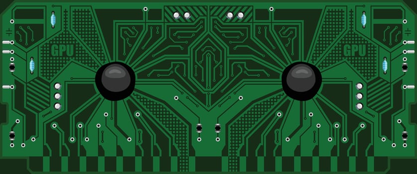 The computing module circuit Board. Green graphics card. Printed computer motherboard with microcircuit. Electronic background vector