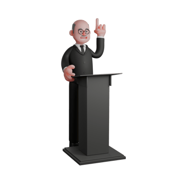 Courtroom Authority in 3D. a judge is standing behind the podium with his left hand pointing upwards. Cartoon Judge png