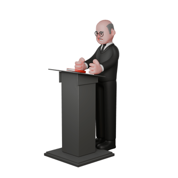 Professional Judge 3D Art. A judge stands behind the podium facing right while both hands are on the podium. Male Law Character png