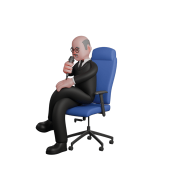 Judicial 3D Illustrated. a judge sits on a blue chair with his left foot on his right leg and his right hand holding a mic while his left hand is on his left leg. Professional Male Judge png