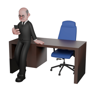 3D Animated Judge. A judge sits on the edge of a desk with his right hand holding a cellphone while his left hand is on the desk. Male Legal Figure png