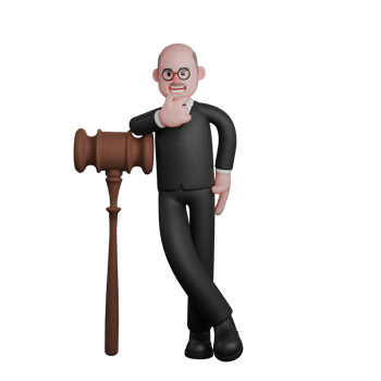 Professional Male in Law. a judge stands beside a large judge's hammer with both legs crossed and his right hand leaning on the hammer while holding his chin. 3D Judge Cartoon png