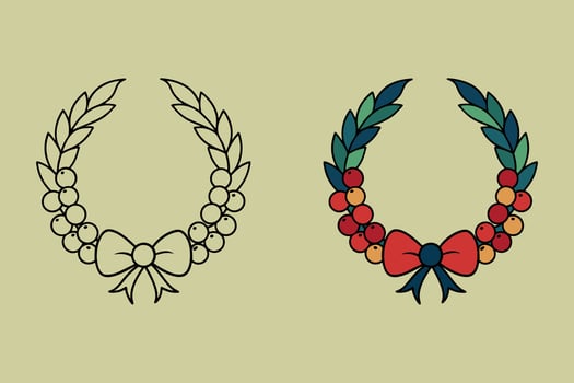 Christmas Wreath Design with Bow and Berries for Coloring Book vector
