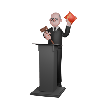 Male Judge Professionalism in 3D. A male judge is seen standing behind the podium with his left hand raised carrying a red-covered book while his right hand is carrying a judge's hammer. png