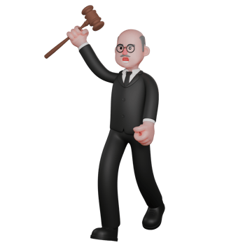 Illustrated Legal Expert. A male judge is seen walking with his right hand raised carrying a judge's hammer. 3D Male Judge png