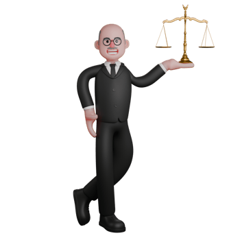 3D Judge. A male judge is seen standing with his left leg slightly bent backwards, while in the palm of his left hand there is a legal scale standing upright and while his right hand is on his waist. png