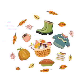 Colourful fall essentials, warm sweater, pumpkin, boots and pie surrounded by autumn leaves vector