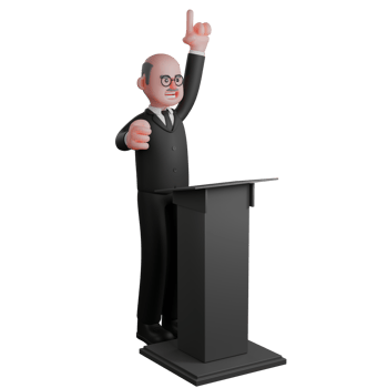 3D Urban Male. A judge stands behind the podium with his left hand pointing upwards. Judge Illustrative png