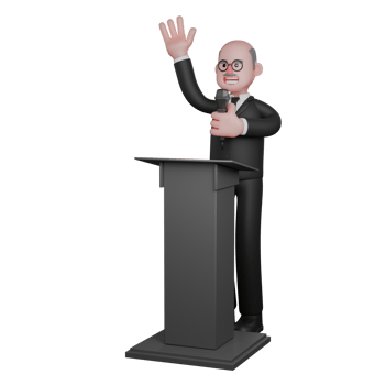 3D Cartoon Court. A judge stands behind a podium holding a microphone in his left hand and his right hand raised upwards. Male Judge png