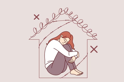 Woman victim of domestic violence sits in prison shaped like barbed wire house, in need of support vector