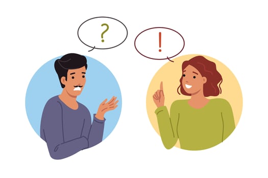 Conversation man and woman discussing important question together to find correct answer vector