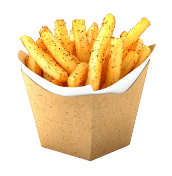 A paper container filled with crispy, golden French fries, sprinkled with black pepper, is showcased on a transparent background. png