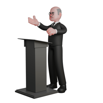 3D Male Judge Character in Action. A judge stands behind the podium with his right hand raised, as if he is presenting. Professional png