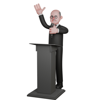 3D Male Judge. A male judge is seen standing behind the podium while talking into a microphone held in his left hand while his right hand is waving upwards. Judicial png