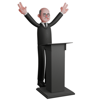 of 3D Male Judge. A judge stands behind the podium with both hands raised upwards while making a two-finger or peace symbol. Professional Cartoon png