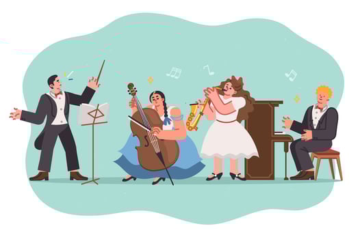 Children orchestra performs classical music with conductor leading musicians with violin or trombone vector