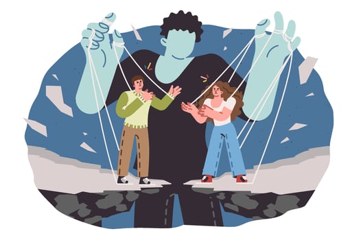 Villain manipulates people and uses intrigue, holding puppet master strings in hands vector