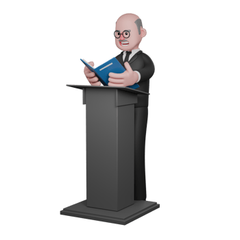 Male Judicial Professional in 3D. A male judge is seen standing behind the podium while reading from a book which he is holding in both hands. Judge Cartoon png