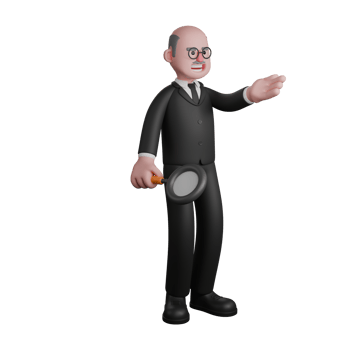 3D Professional Male Judge Character. A male judge is seen standing while extending his left palm forward and his right hand holding a magnifying glass. Judicial png
