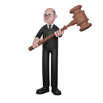 Judge in 3D. A male judge is seen standing with both hands holding a large judge's gavel. Male Professional png