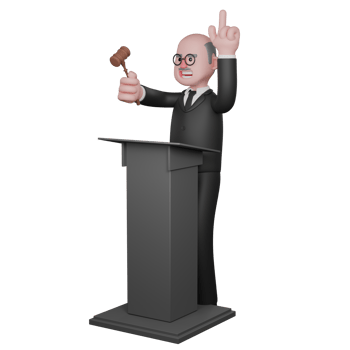 3D Male Judicial Character. A male judge is seen standing behind the podium with his left hand raised pointing upwards while his right hand holds the judge's gavel. Judge Professional png