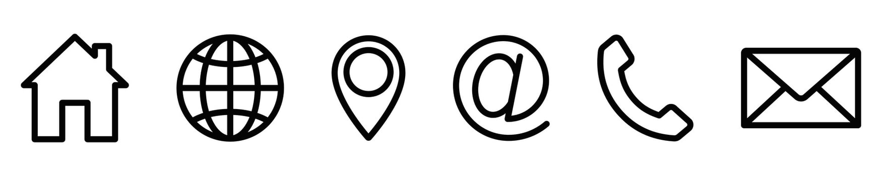 Illustration set of contact icons including home, globe, pin, at sign, phone, and envelope. Perfect for web and UI design. Editable stroke. vector