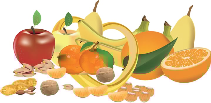 Fresh fruits and nuts forming a colorful and healthy still life vector